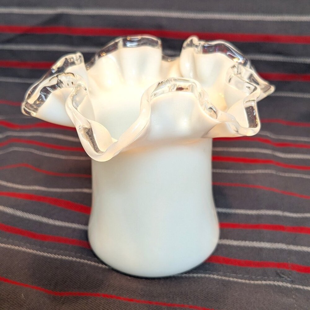 Vintage Fenton Milk Glass Silver Crest Top Hat Ruffled Edge
